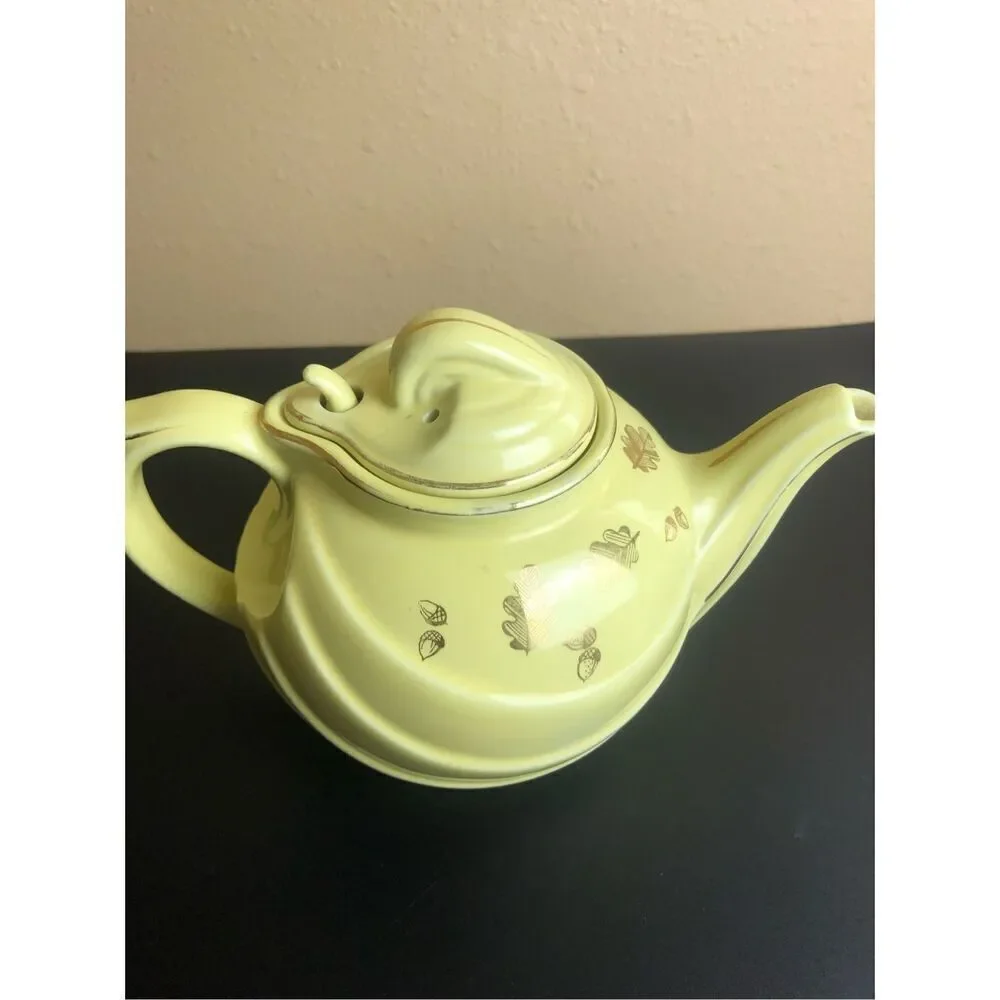 Retro Hall Teapot Canary Gold Label Parade Hook Yellow With Gold Oak Leaves 1950